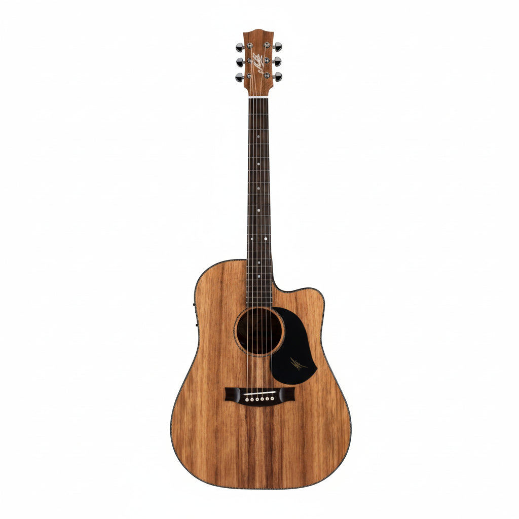 Acoustic guitar with a cutaway on a white background