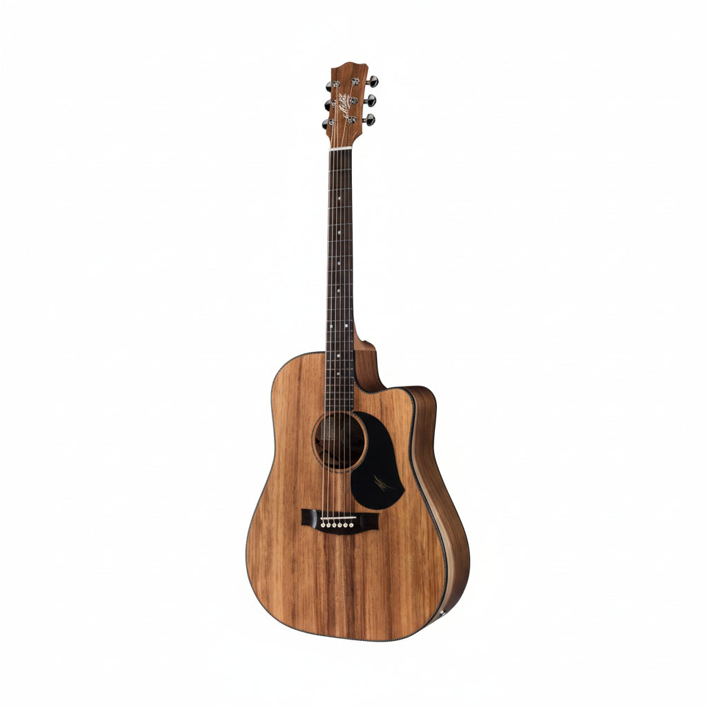 Acoustic guitar with a wooden finish on a white background