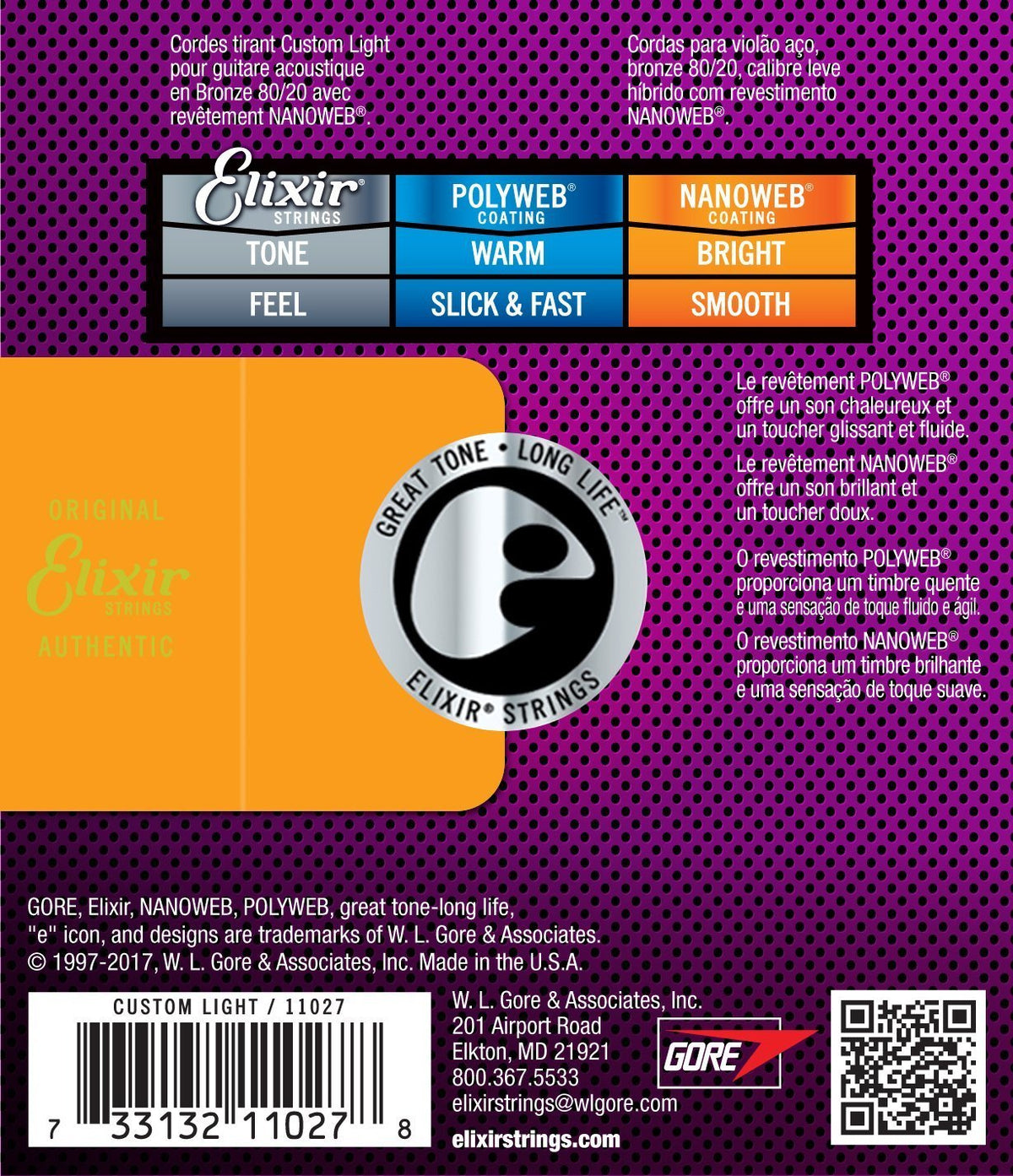 Elixir Strings Acoustic 80/20 Bronze with Nanoweb Coating - Custom Light 11-52
