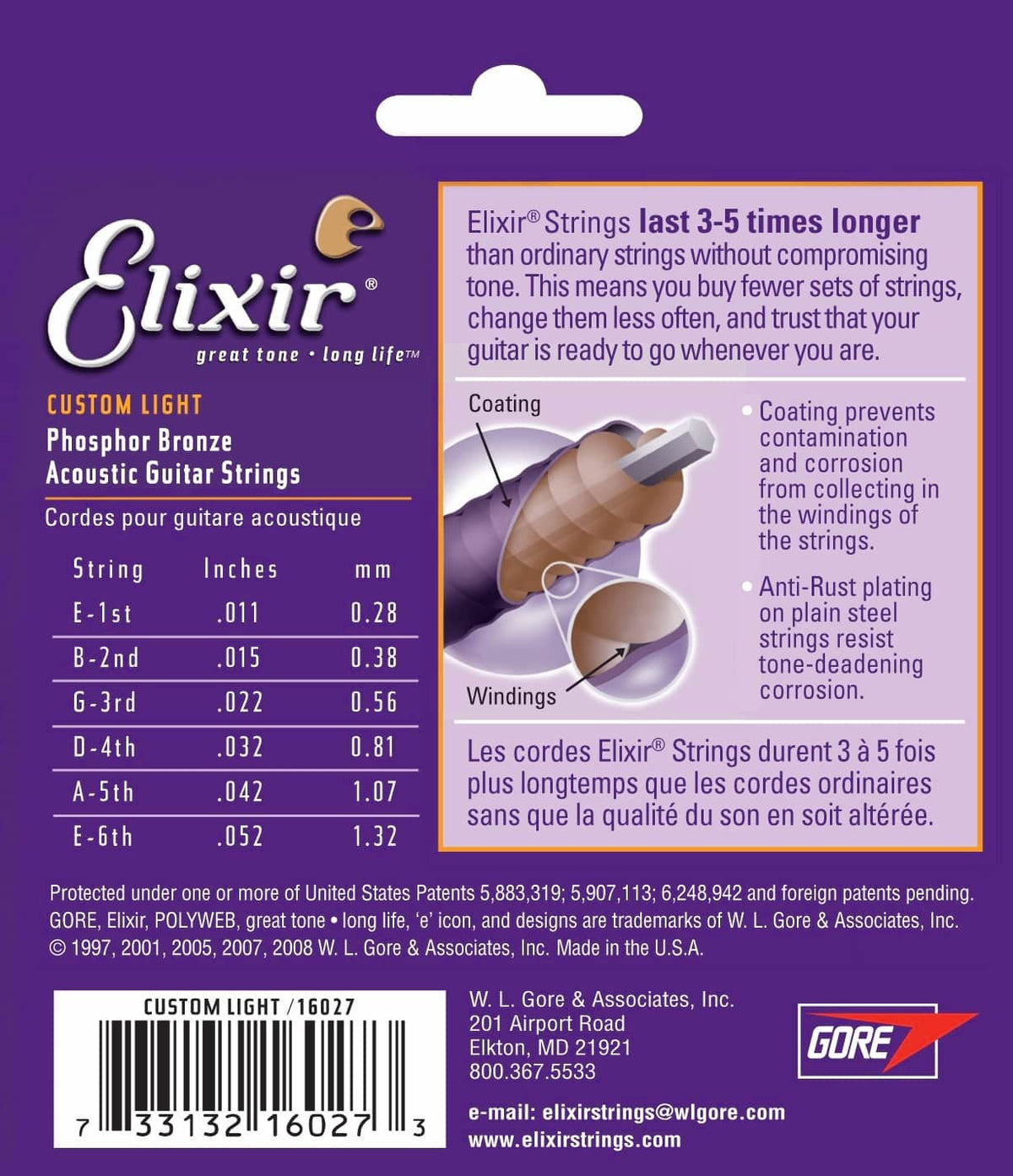 Elixir 16027 NANOWEB Phosphor Bronze Acoustic Guitar Strings (Custom Light 11-52)