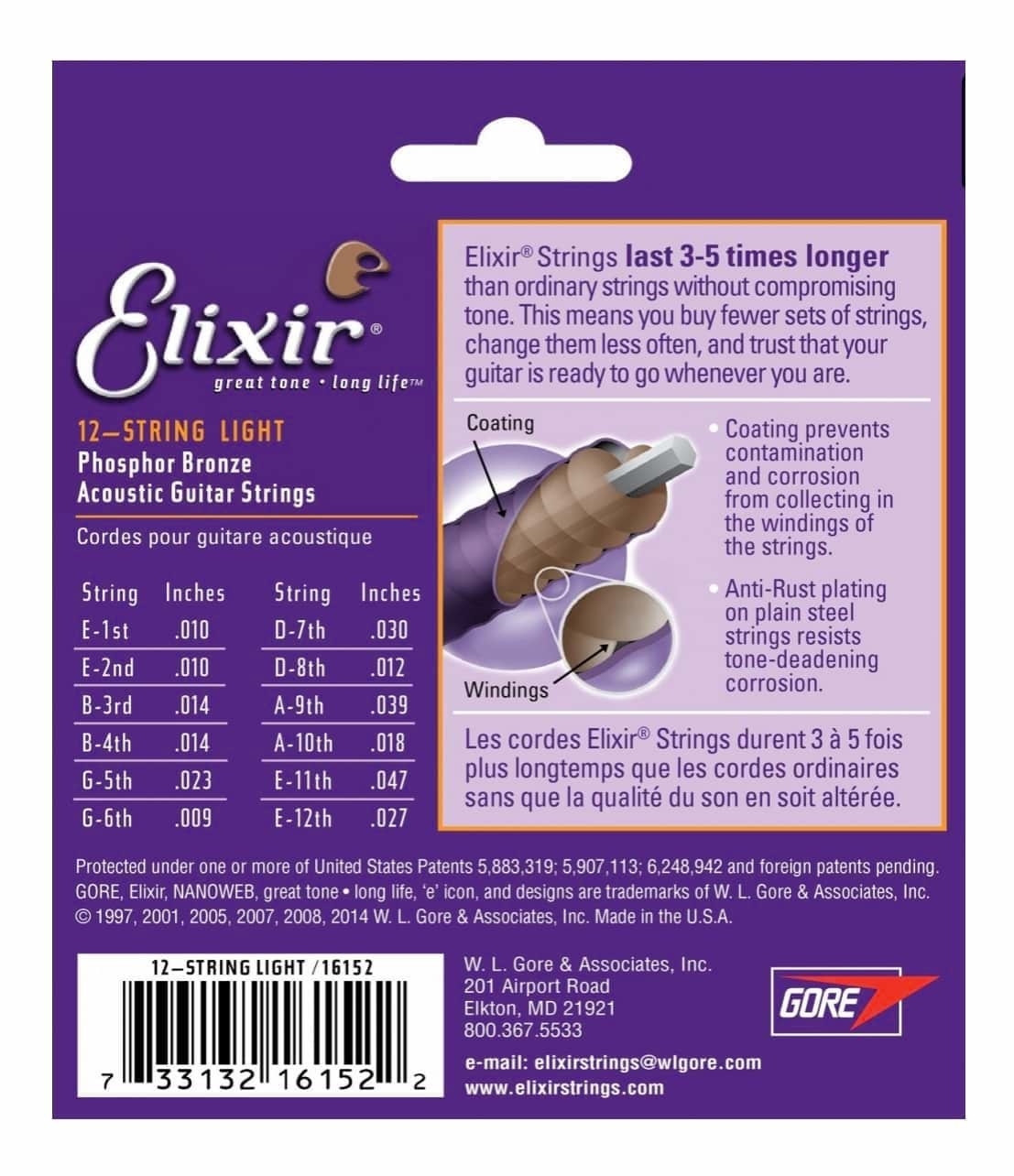 Elixir 16152 NANOWEB Phosphor Bronze 12-String Acoustic Guitar Strings (Light Gauge 10-47)