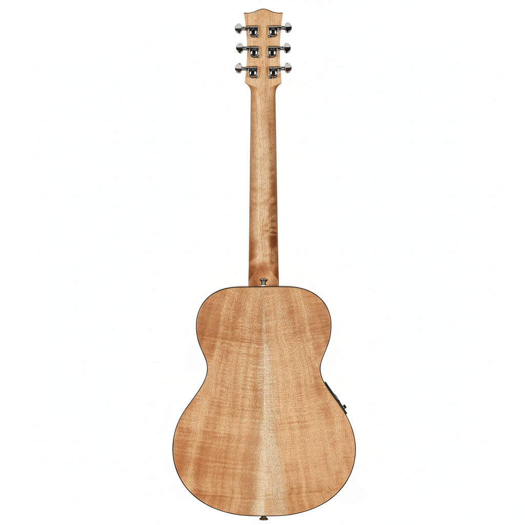 Acoustic guitar with a wooden body and neck on a white background