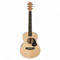 Acoustic guitar with a black pickguard on a white background