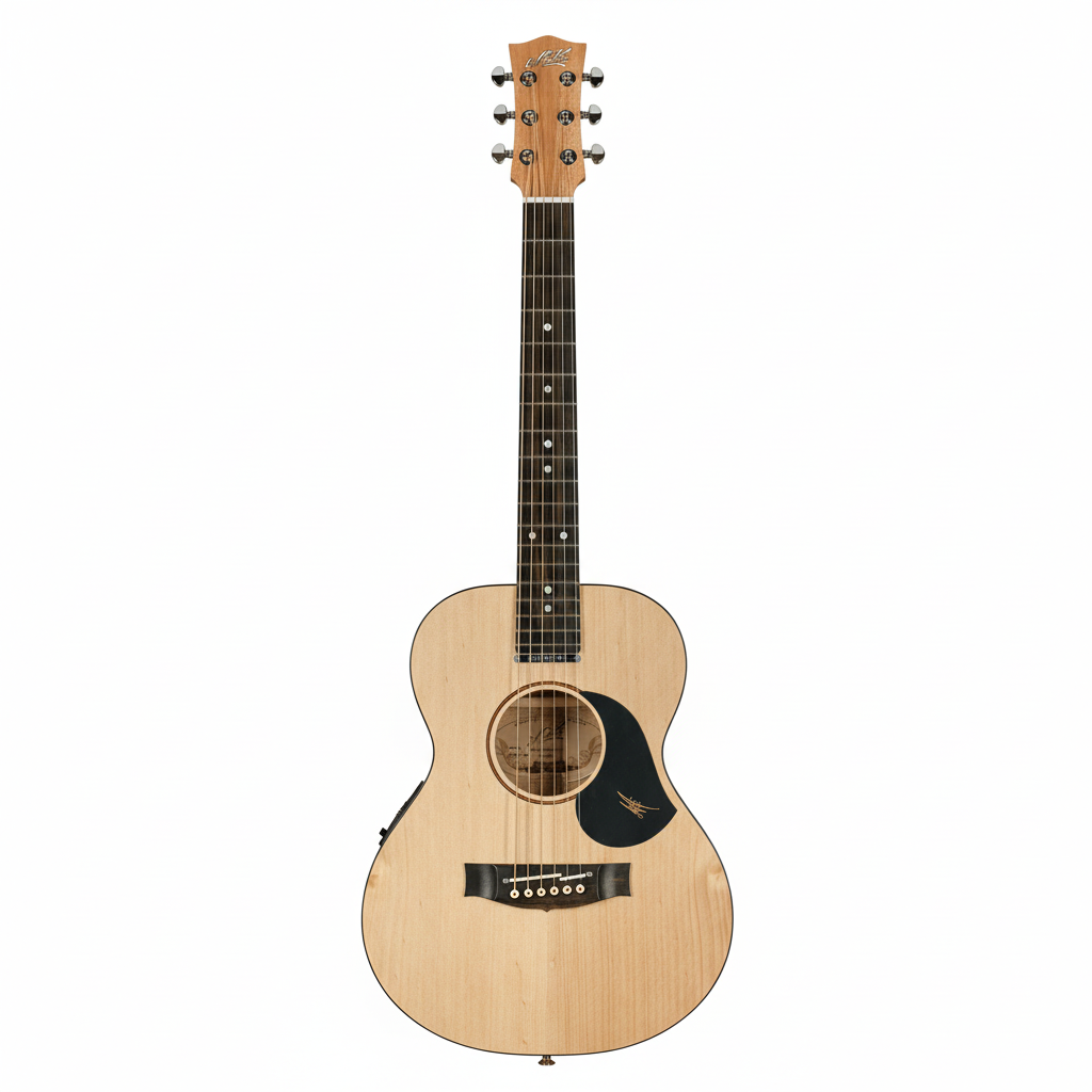 Acoustic guitar with a black pickguard on a white background