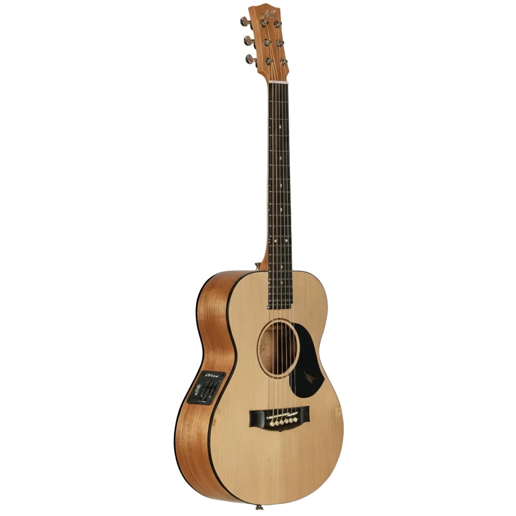 Acoustic guitar with a visible Taylor logo on a black background