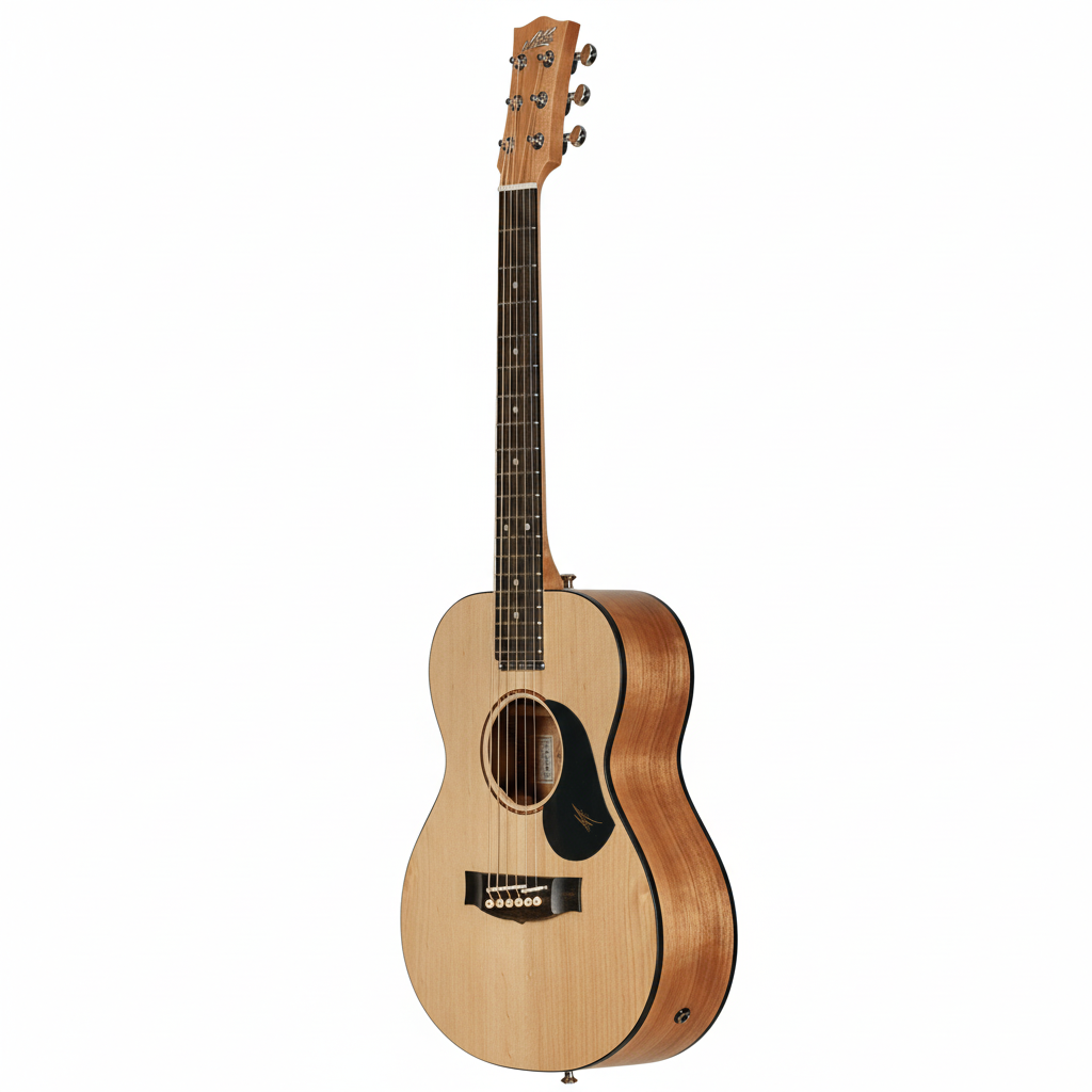 Acoustic guitar with a black pickguard on a white background