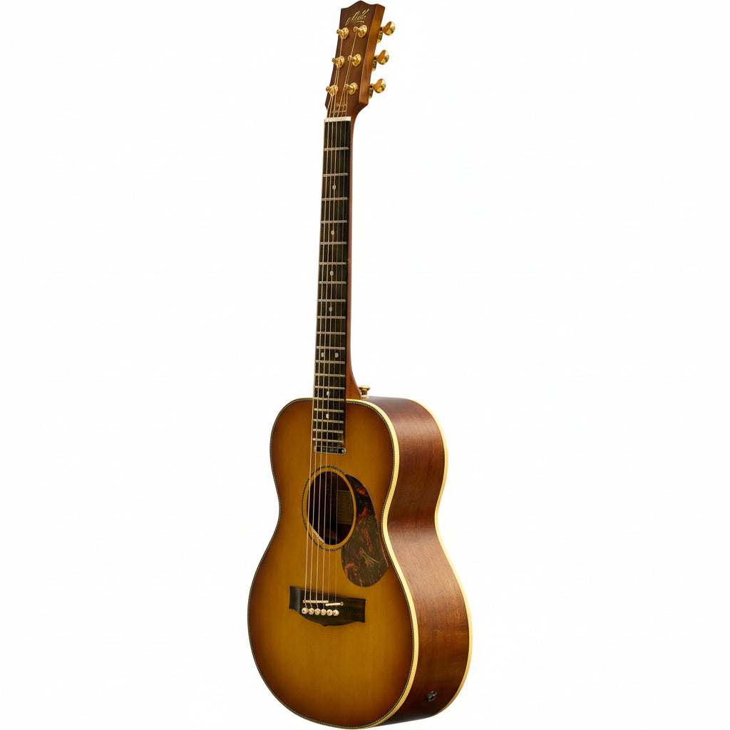 Acoustic guitar with a sunburst finish on a white background