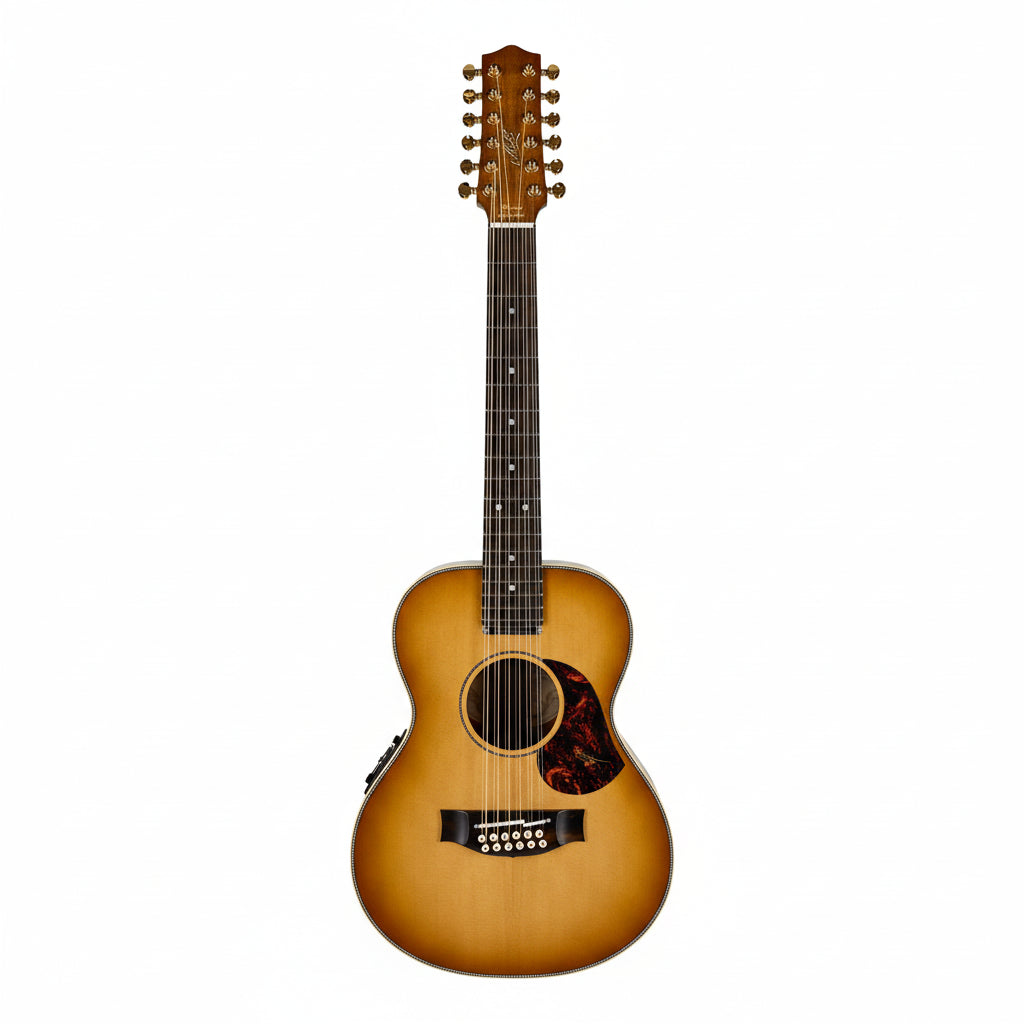 Acoustic guitar with 12 strings on a white background