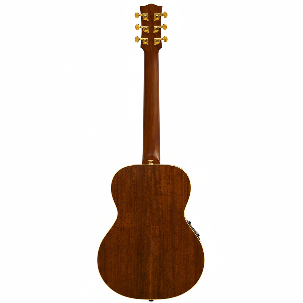 Back view of a wooden acoustic guitar on a white background