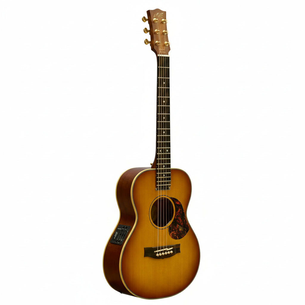 Acoustic guitar with a sunburst finish on a white background