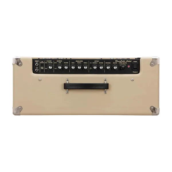 Beige guitar amplifier with control panel on a white background