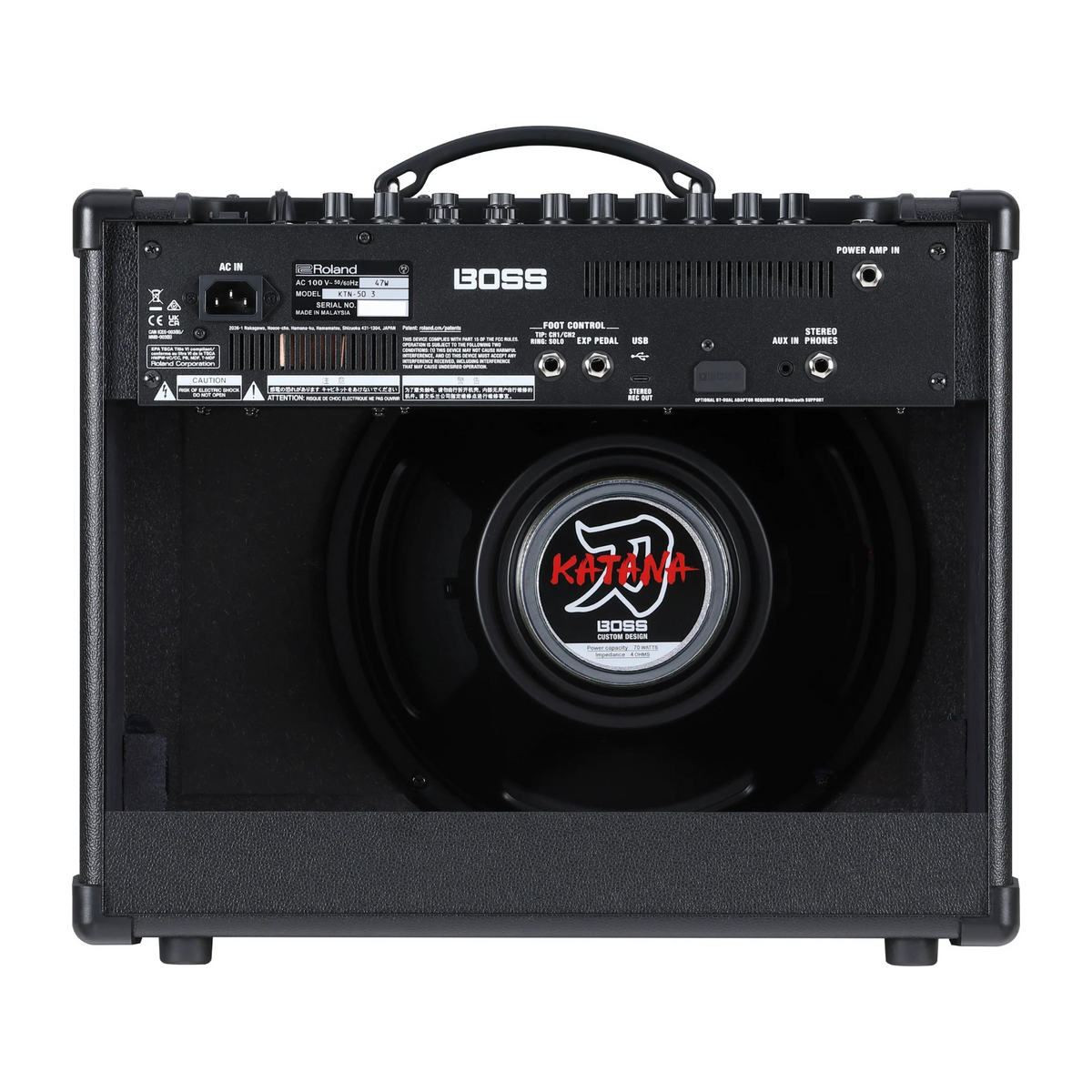Back view of a Boss guitar amplifier with Katana logo.