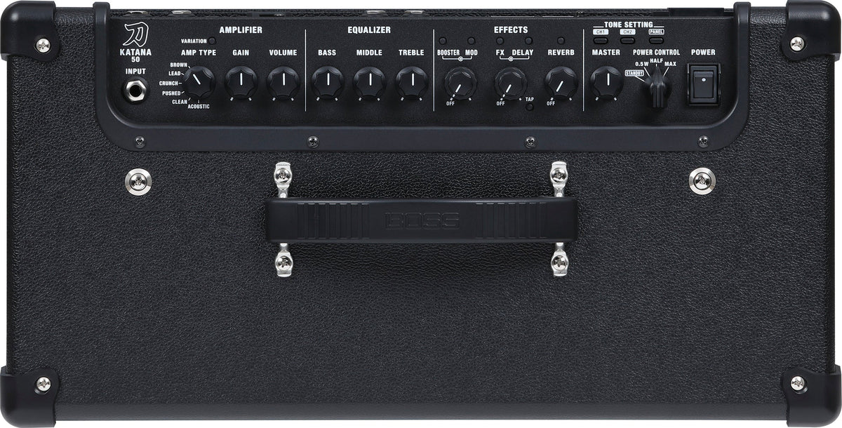 Black guitar amplifier with control knobs and footswitch on a black background