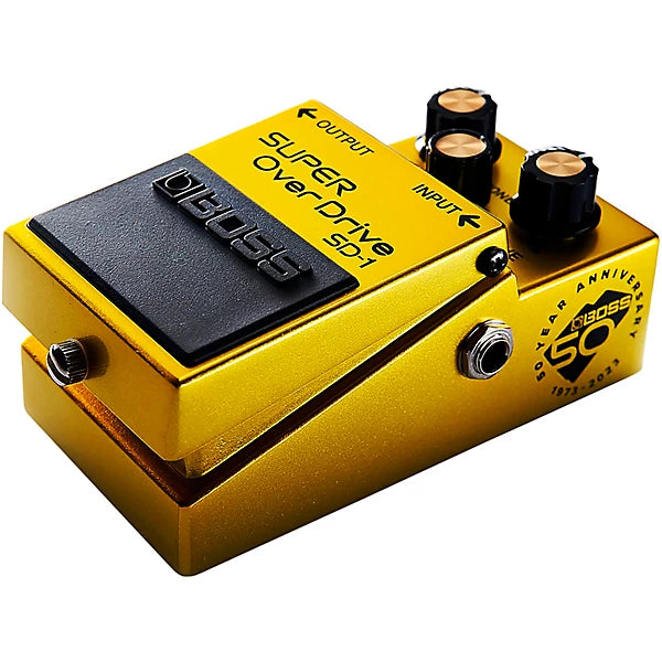 Yellow Boss Super Overdrive guitar effects pedal on a white background