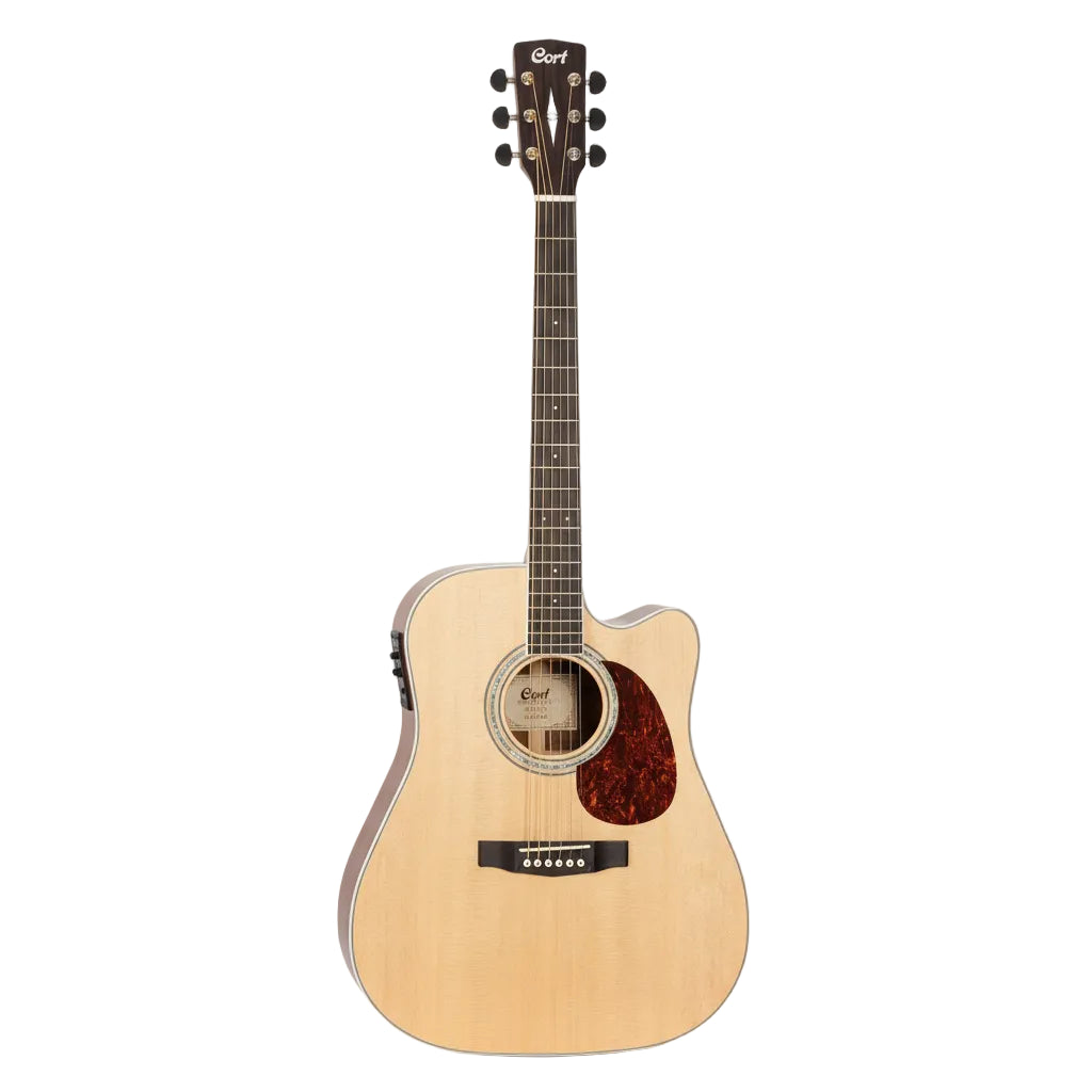 Acoustic guitar with a visible brand logo on a white background