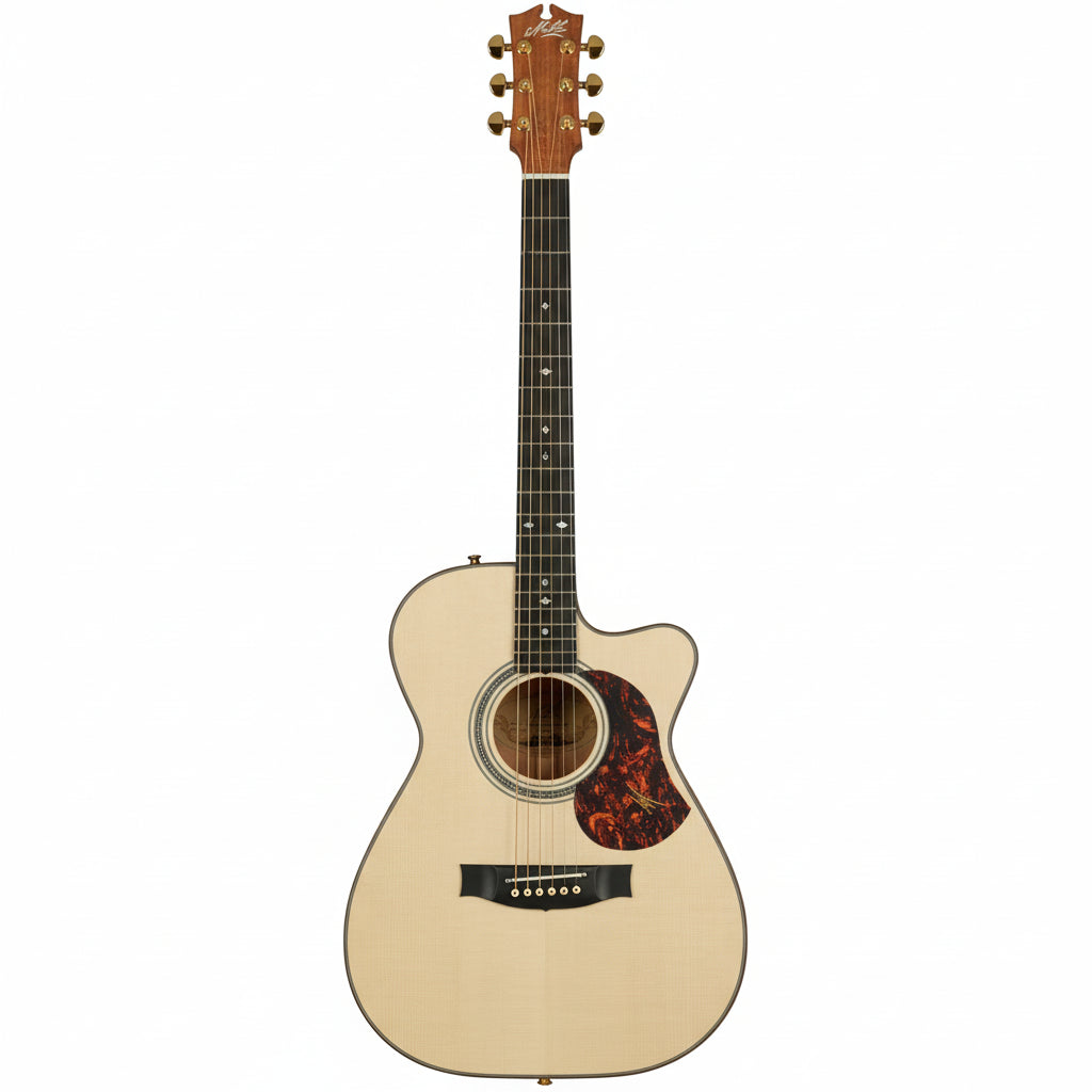 Acoustic guitar with a tortoiseshell pickguard on a white background