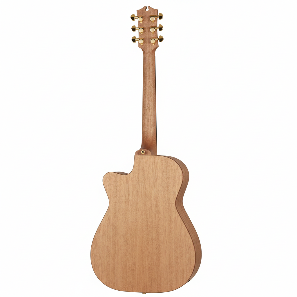 Acoustic guitar with a cutaway on a white background