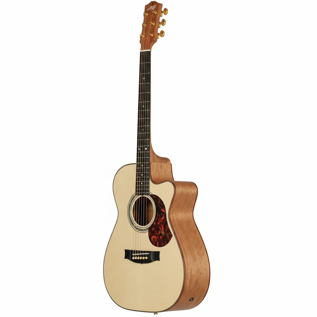 Acoustic guitar with a cutaway on a white background
