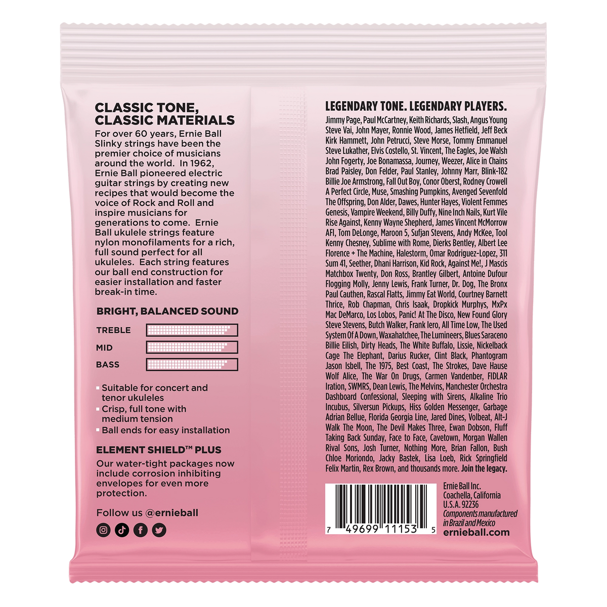 Ernie Ball Concert/Tenor Wound Low G Nylon Ukulele Strings - Clear, Ball End