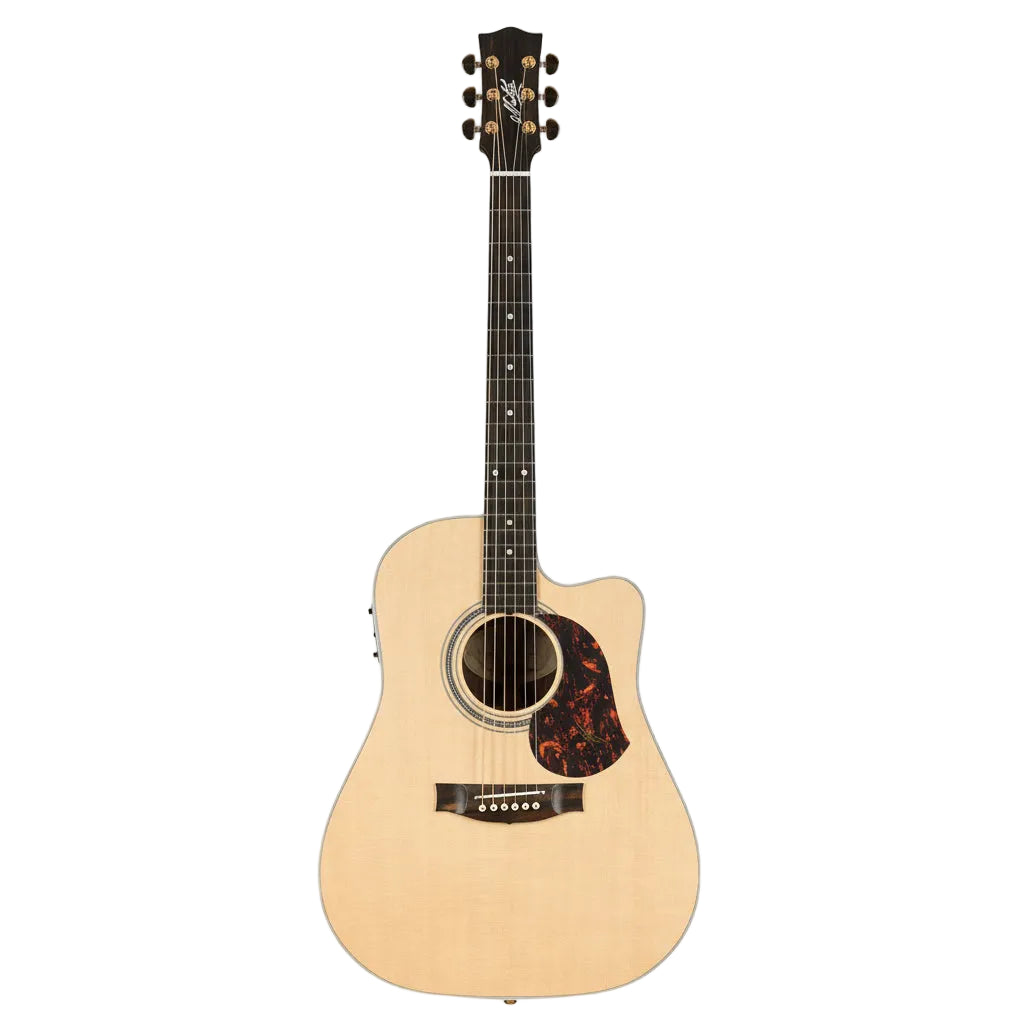 Acoustic guitar with a cutaway on a white background
