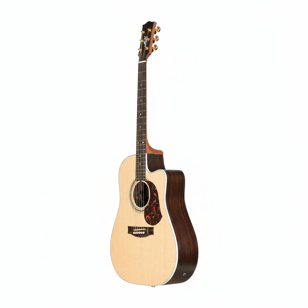 Acoustic guitar with a wooden body and neck on a white background
