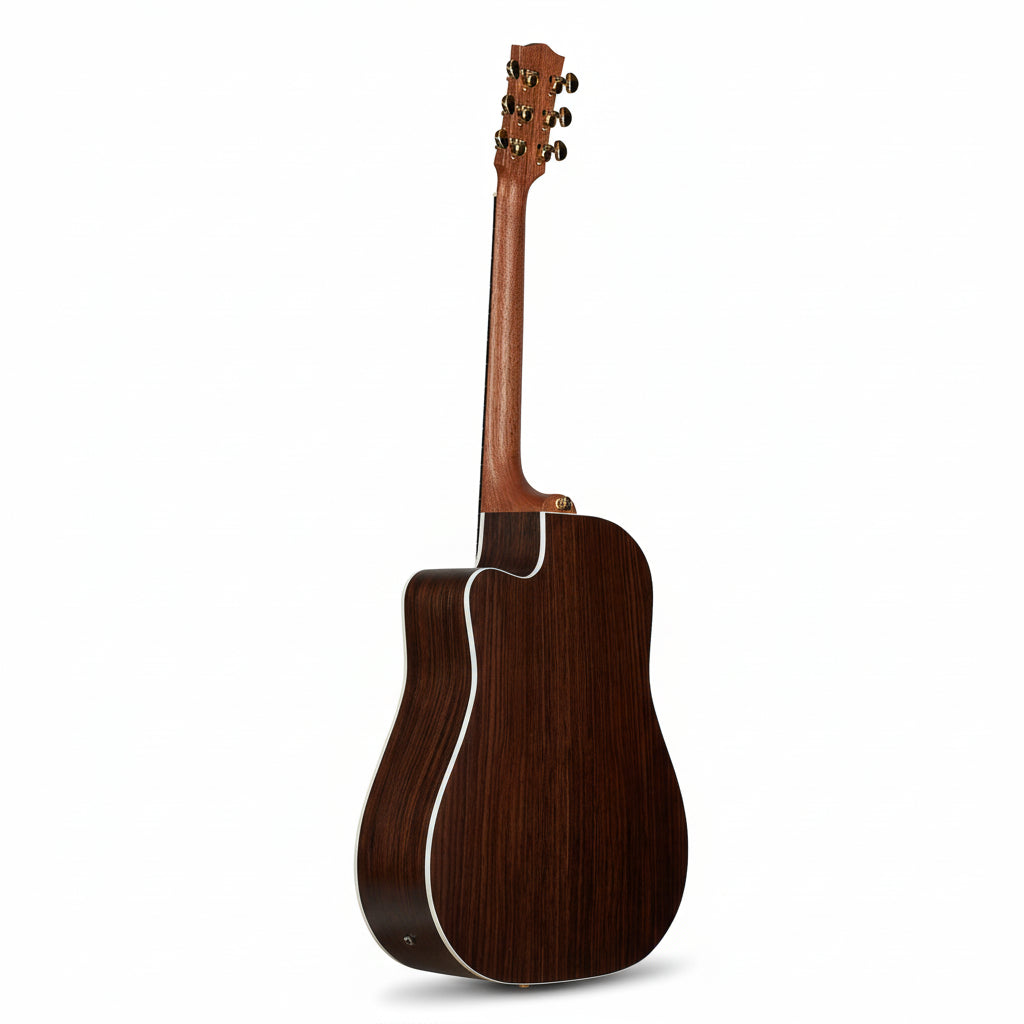 Acoustic guitar with a wooden body and neck on a white background