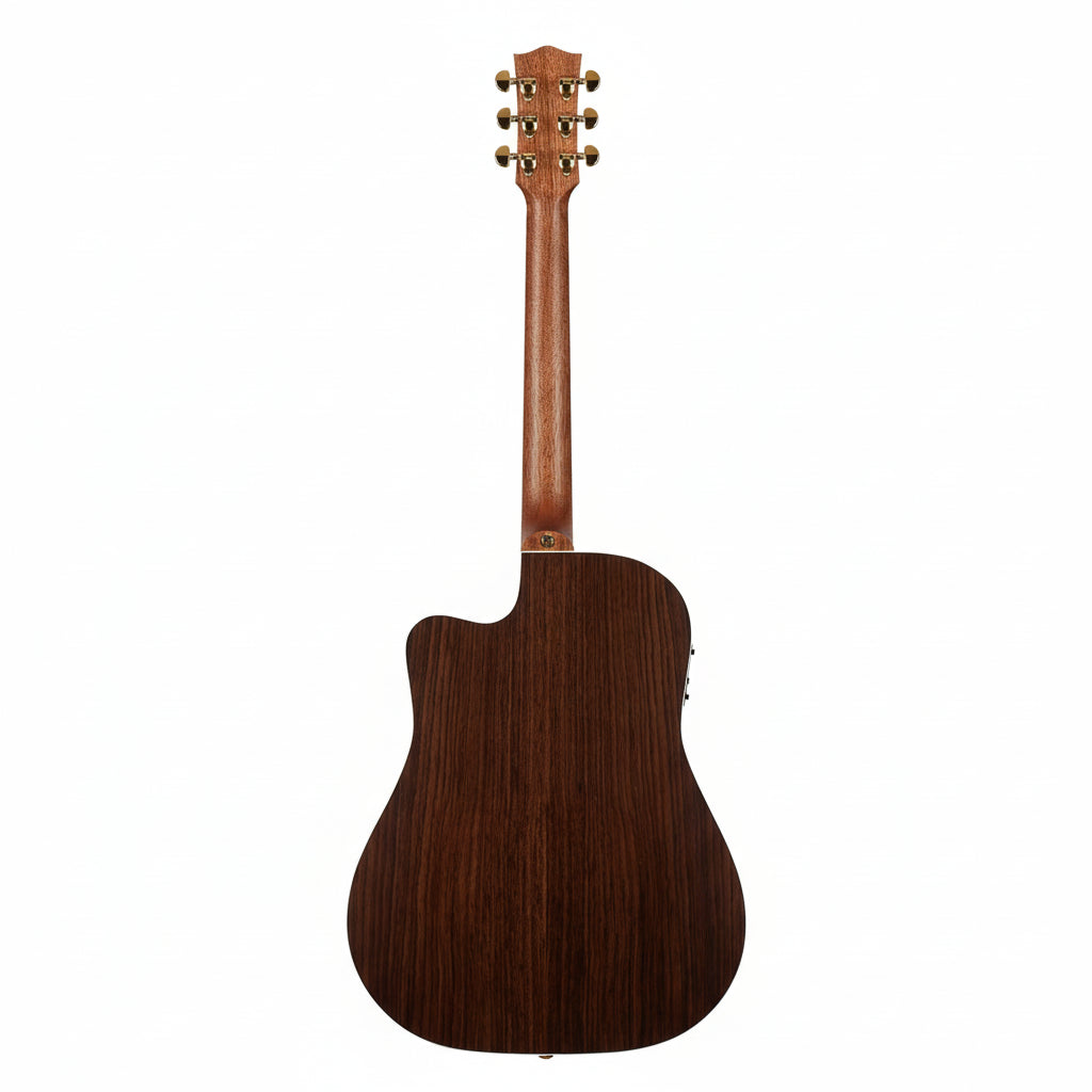 Back view of a wooden acoustic guitar on a white background