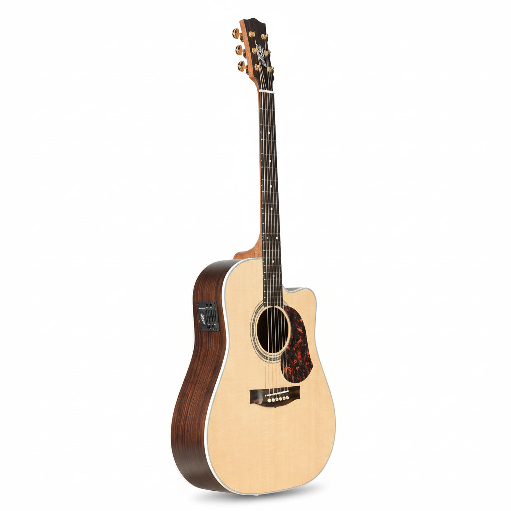 Acoustic guitar with a cutaway on a white background