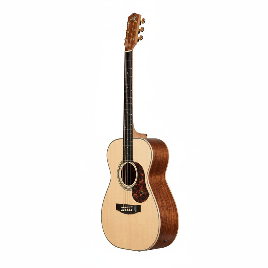 Acoustic guitar with a wooden body and neck on a white background