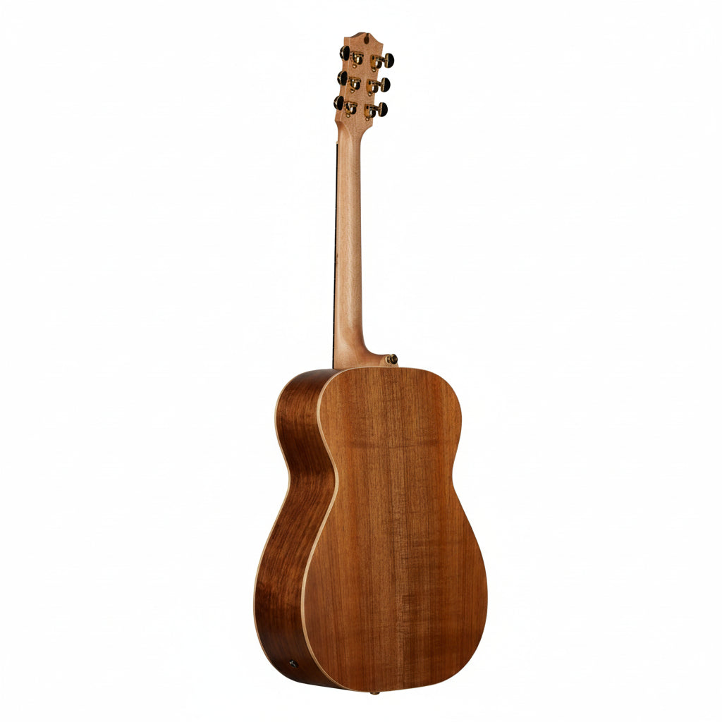 Acoustic guitar with a wooden body and neck on a white background
