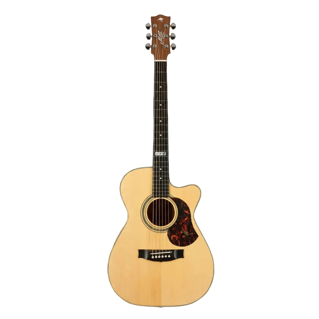 Acoustic guitar with a cutaway on a white background
