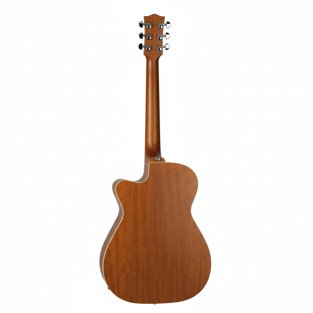 Brown acoustic guitar on a white background