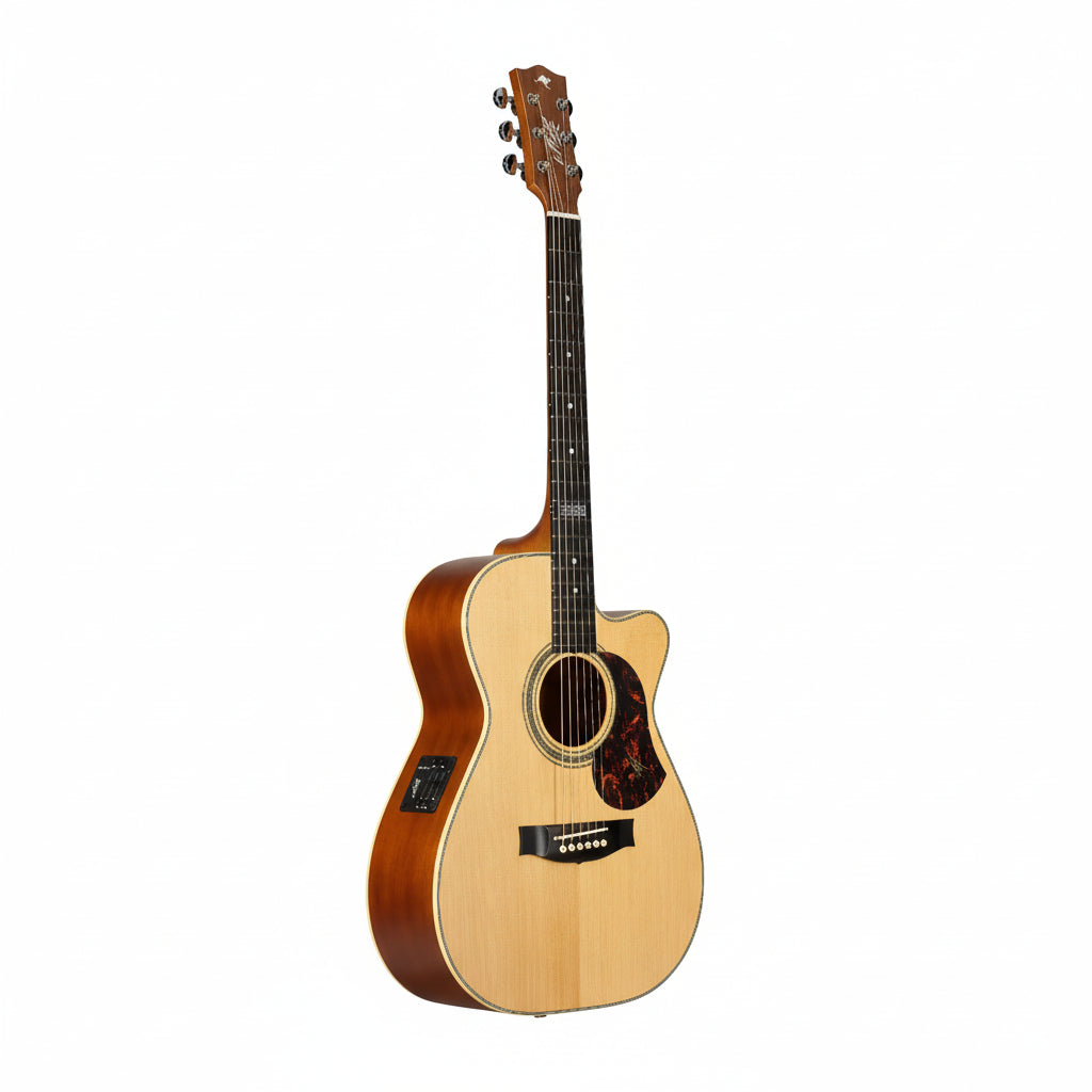 Acoustic guitar with a wooden body and neck on a white background