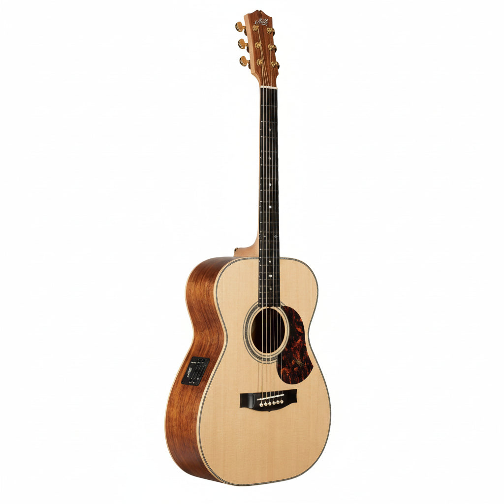 Acoustic guitar with a wooden body and neck on a white background