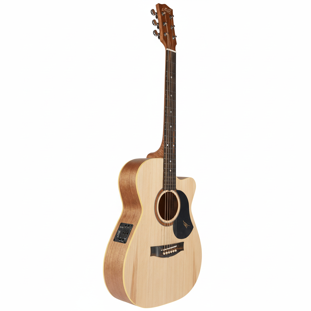 Acoustic guitar with a cutaway on a white background
