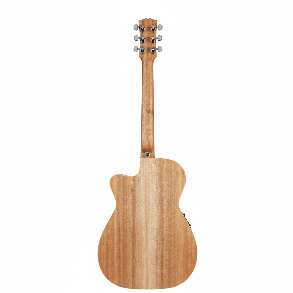 Back view of a wooden acoustic guitar on a white background