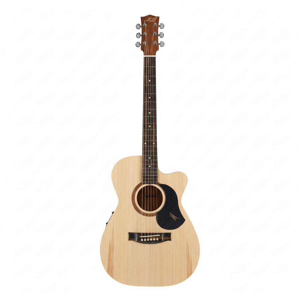 Acoustic guitar with a cutaway on a white background