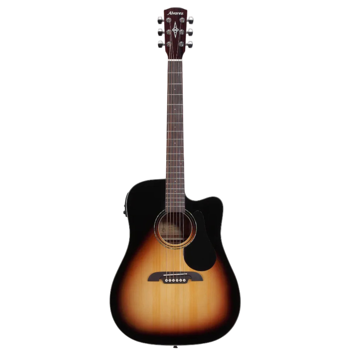 Acoustic guitar with sunburst finish on a white background