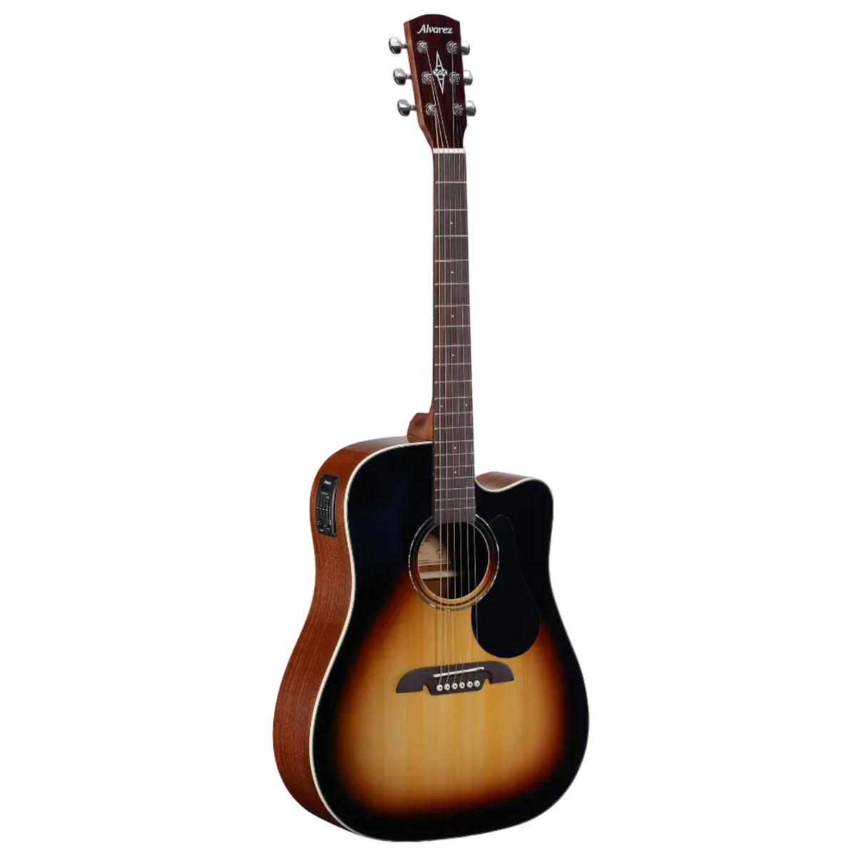 Acoustic guitar with sunburst finish on a white background