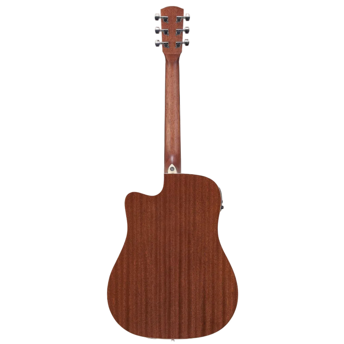 Back view of a wooden acoustic guitar on a white background