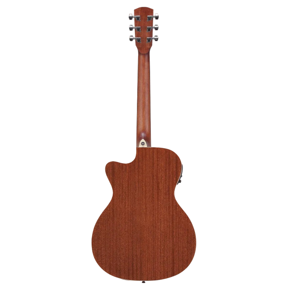 Back view of a wooden acoustic guitar on a white background