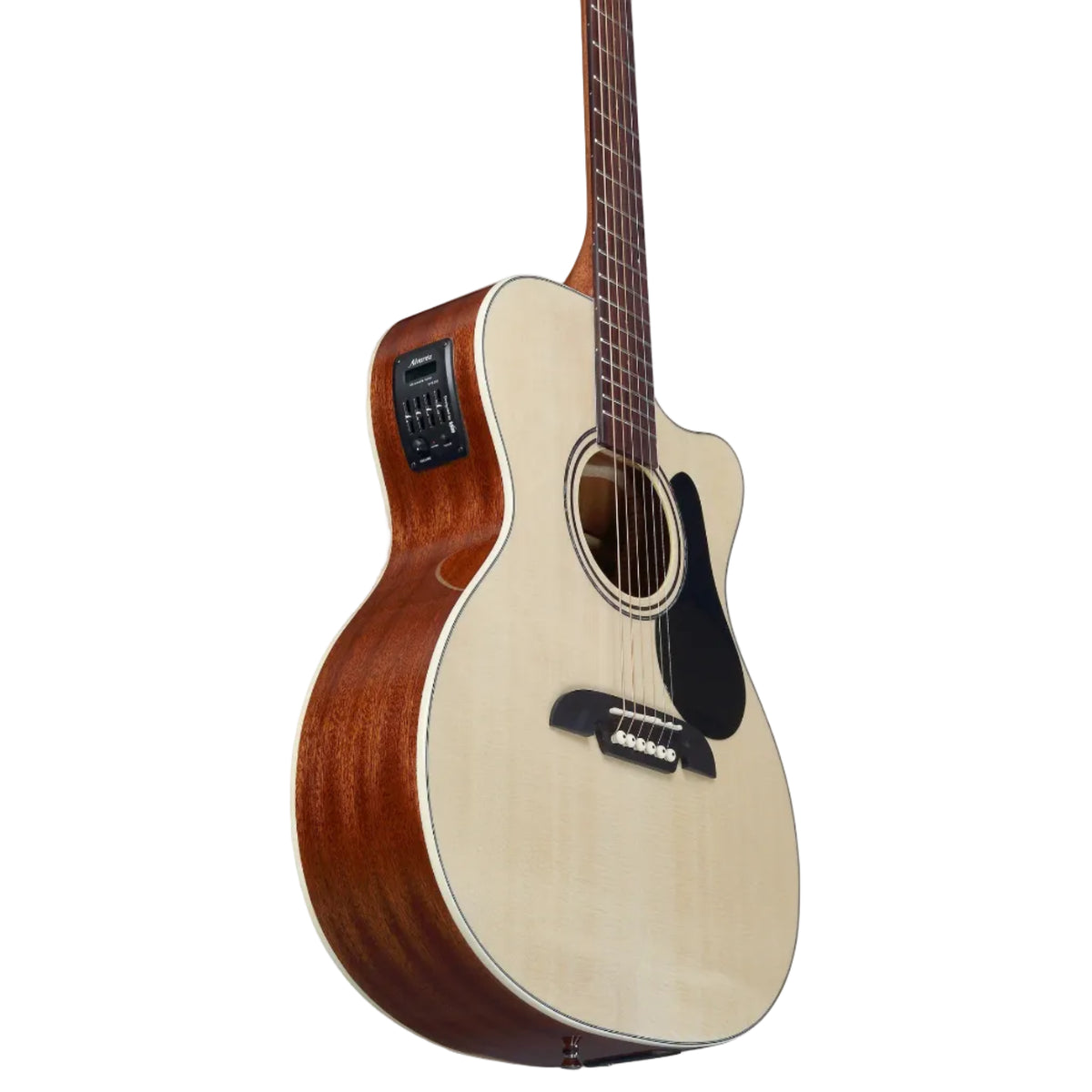 Acoustic guitar with a wooden body and white pickguard on a white background