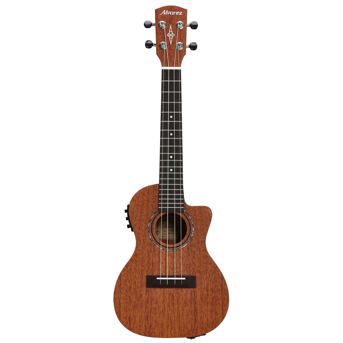 Wooden ukulele with Alvarez logo on a white background