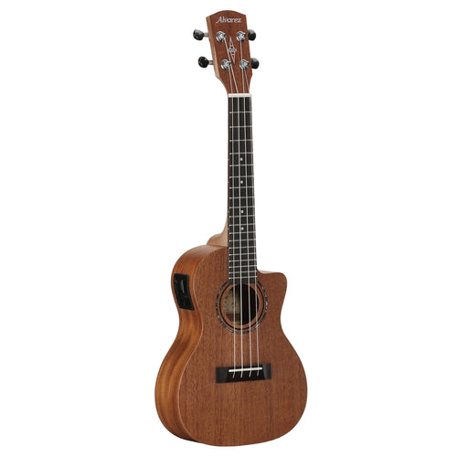 Brown ukulele with Alvarez logo on a white background