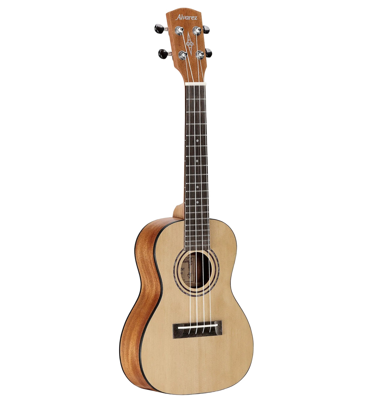 Acoustic guitar with a wooden body and neck on a white background