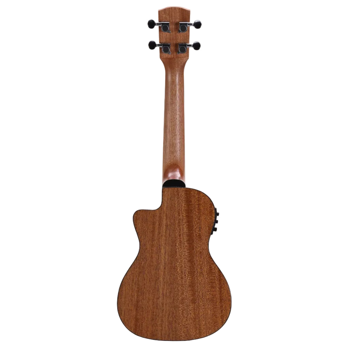 Back view of a wooden ukulele on a white background