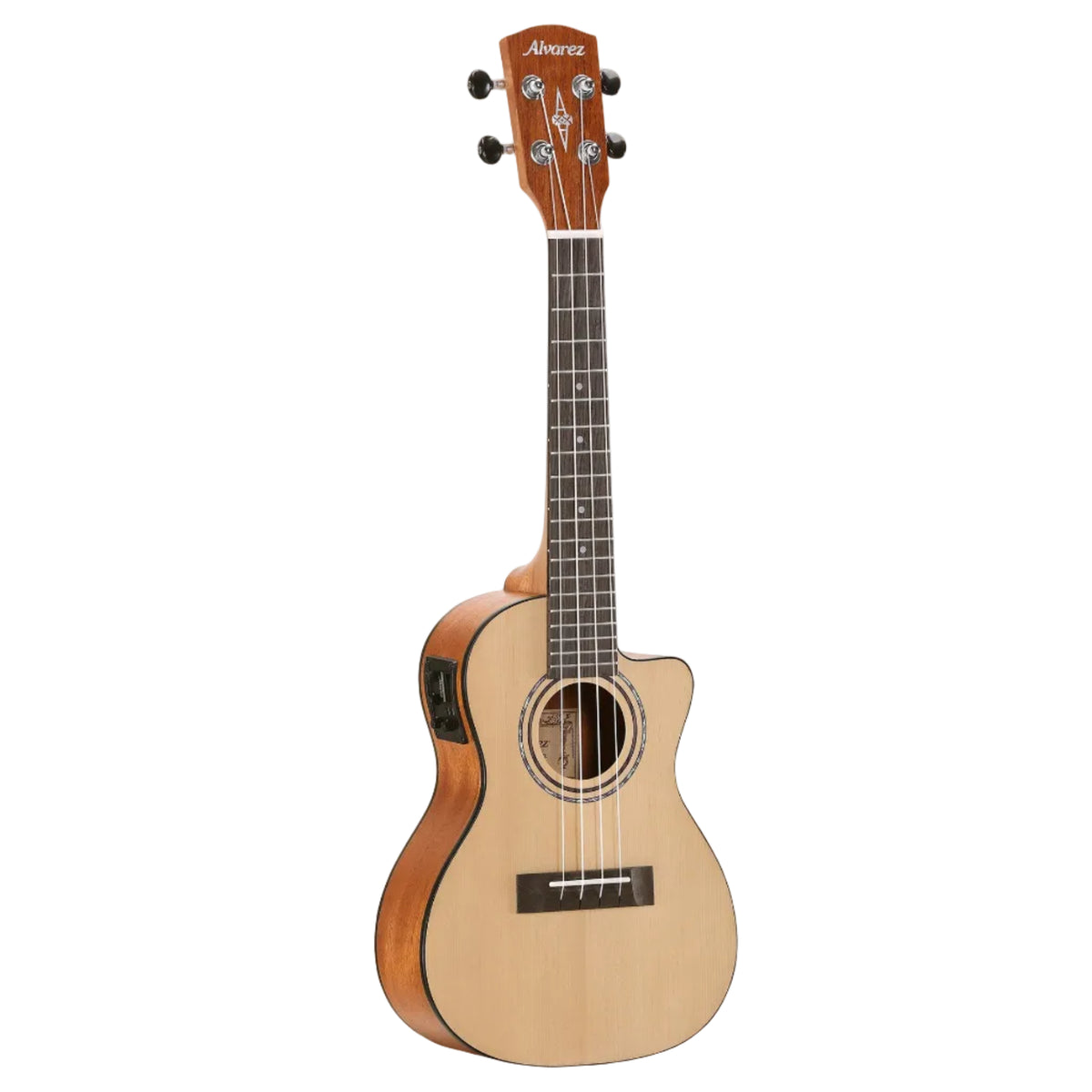 Acoustic guitar with a cutaway on a white background