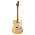 Yellow electric guitar on a white background
