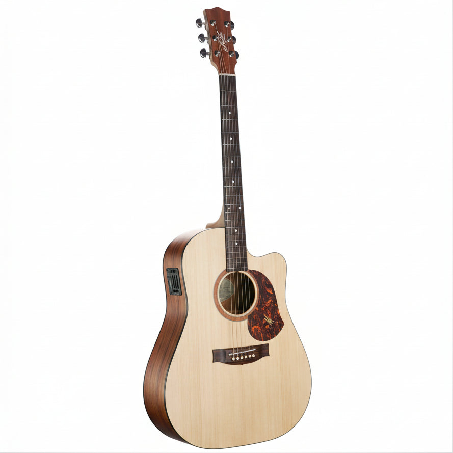 Acoustic guitar with a cutaway on a white background