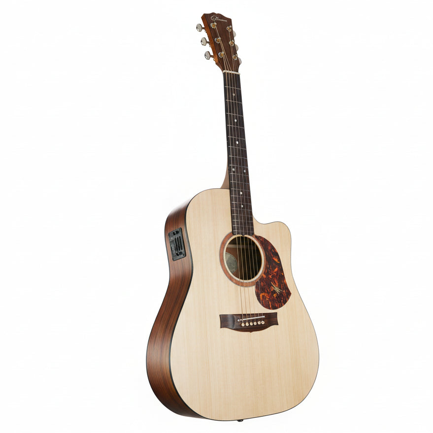 Acoustic guitar with a flame maple top on a white background